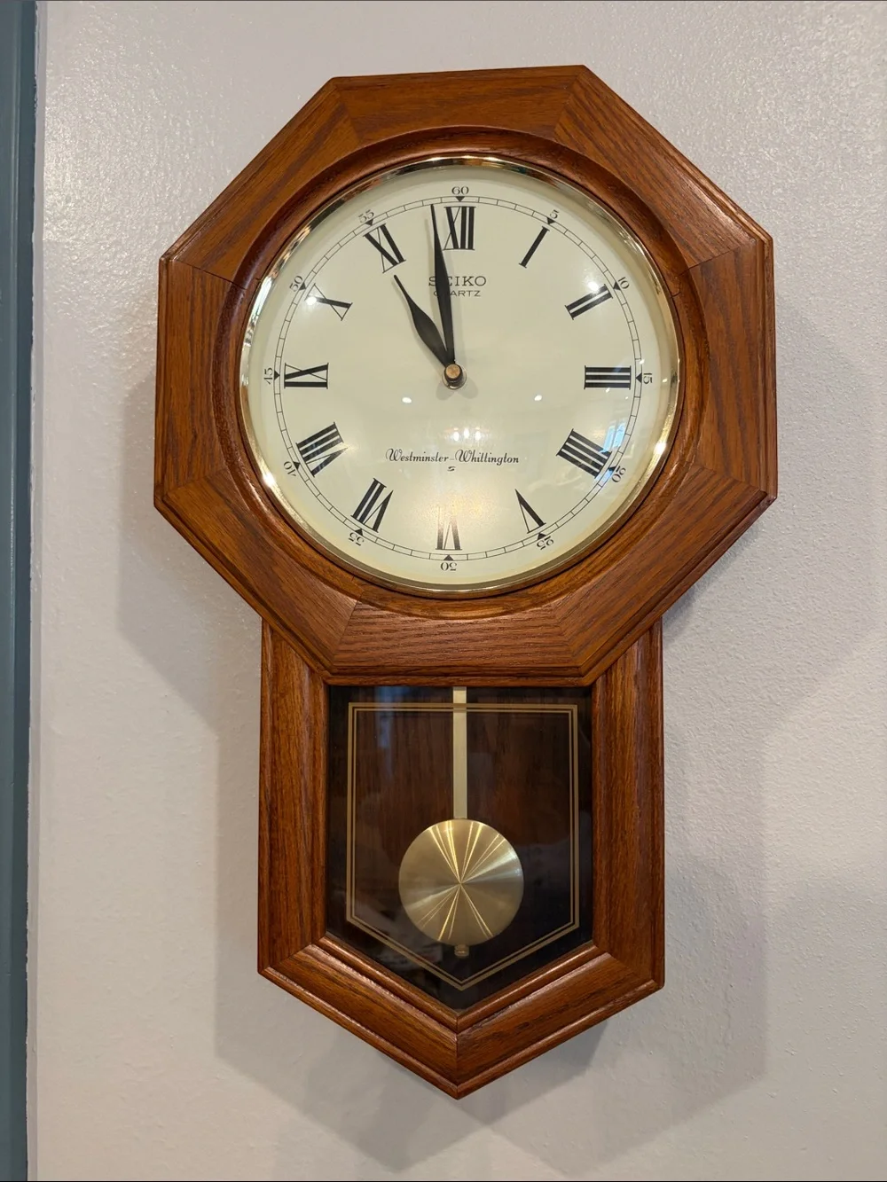 Seiko Brown Wood Wall Clock with Gold Pendulum